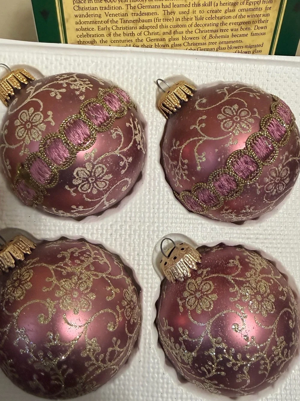 Christmas By Krebs -Style Pink Gold Floral Glass Holiday Ornaments - Set of 4